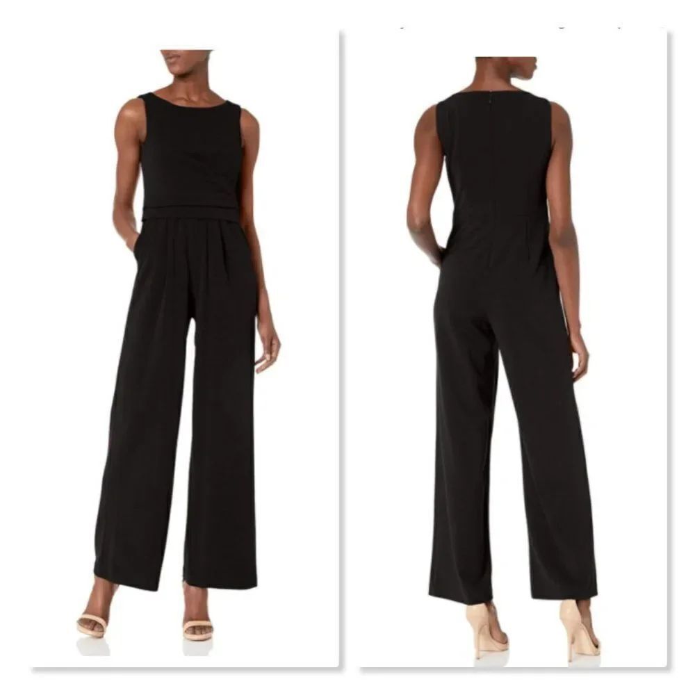 Calvin Klein Sleeveless Scuba Crepe Flat Pleat Waist Jumpsuit size 14 in Black